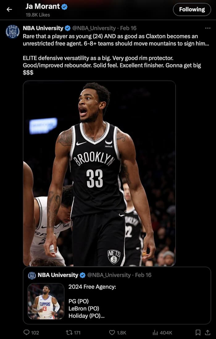 Memphis Grizzlies star Ja Morant likes social media post about Brooklyn Nets center Nicolas Claxton